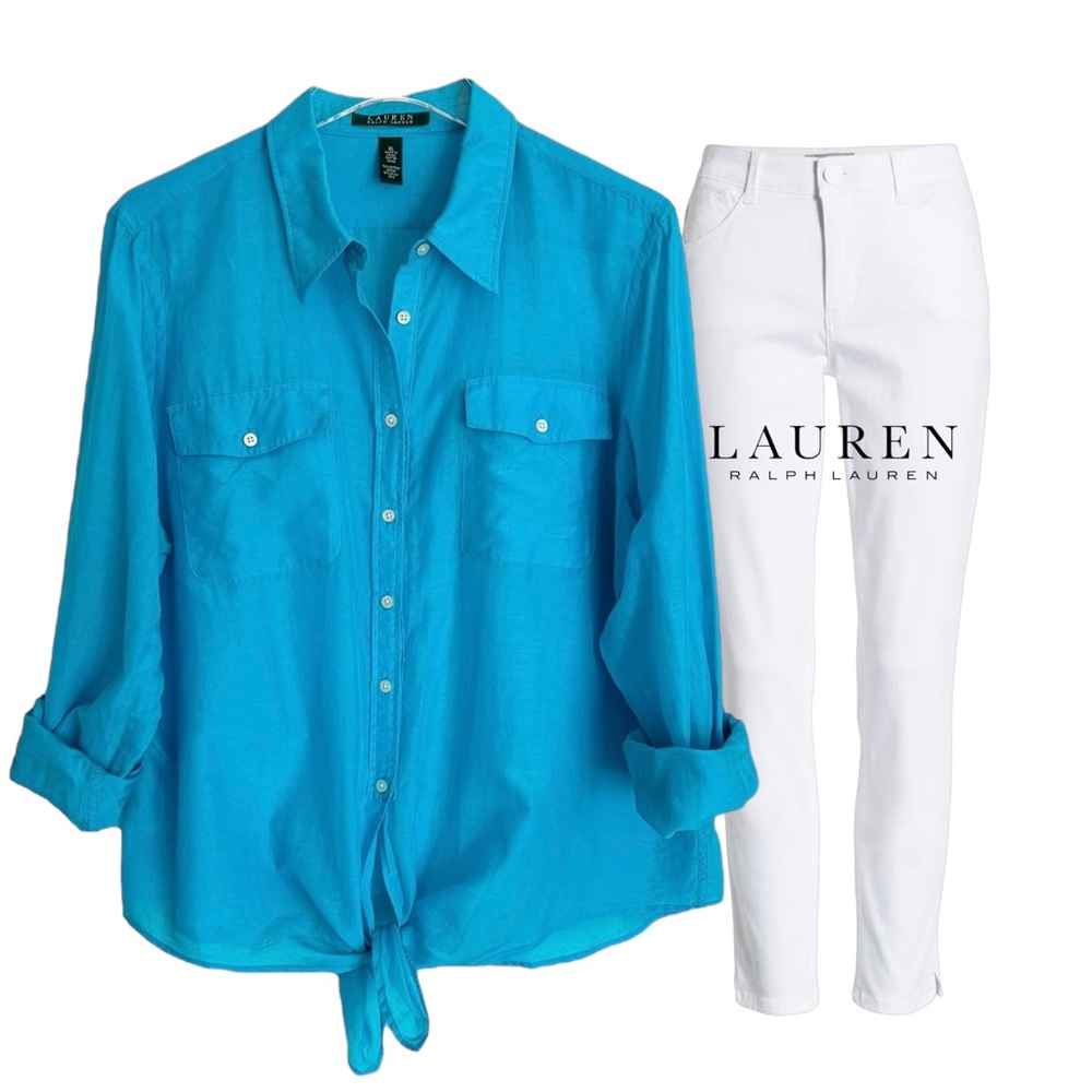 Ralph Lauren Turquoise Button-Front Tie-Hem Blouse